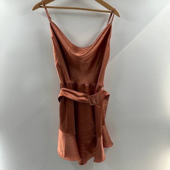 Forever 21 Dresses & Skirts - Forever 21 Satin Copper Cowl Neck Dress with Adjustable Belt – Size Large